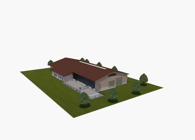 3D-Visualisierung eines dreireihigen Laufstalls